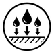Symbol indicating water resistance with three droplets and arrows pointing downwards into a horizontal line.